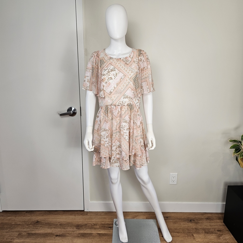 Ever New Light Pink and Peach Chiffon Floral Mini Dress Sz 10